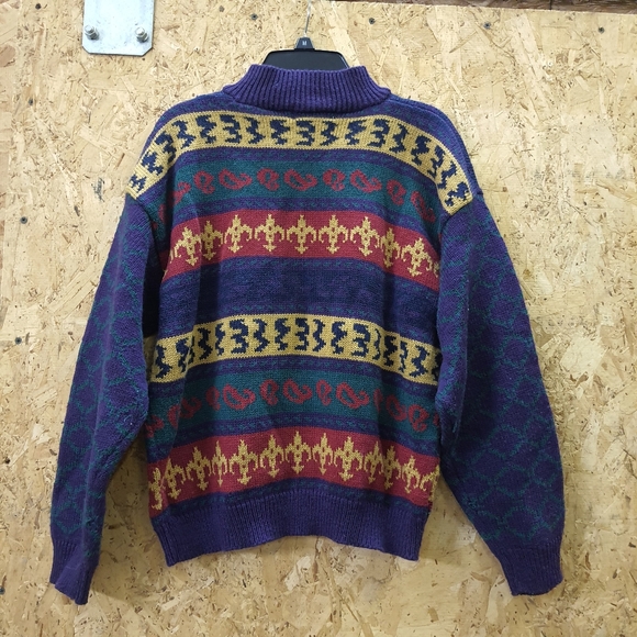 Vintage 63 East Medium Striped Fluer de Lis Mock V Neck Knit Pull Over Sweater - Picture 3 of 3